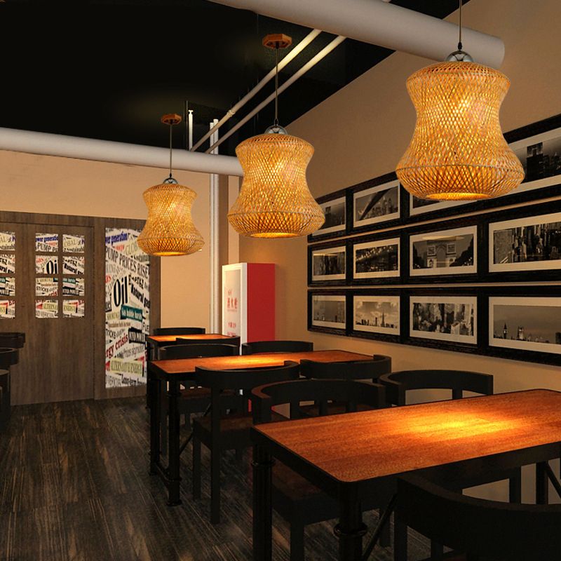 1 Bulb Tearoom Ceiling Light Asian Coffee Pendant Light Fixture with Handcrafted Bamboo Shade