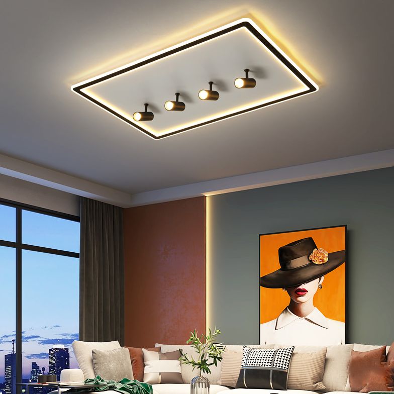 Black New Modern LED Flush Mount Rectangular Living Room Ceiling Light Fixture with 4 Spotlights