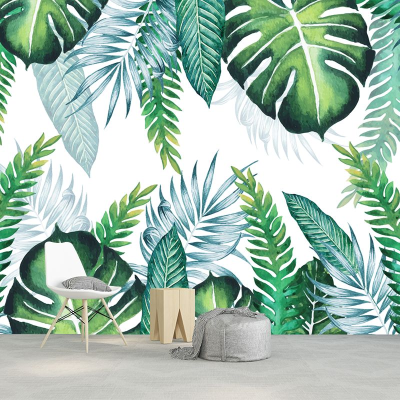 Custom Illustration Tropics Wall Murals with Plant Leaves Pattern, Green, Custom Made