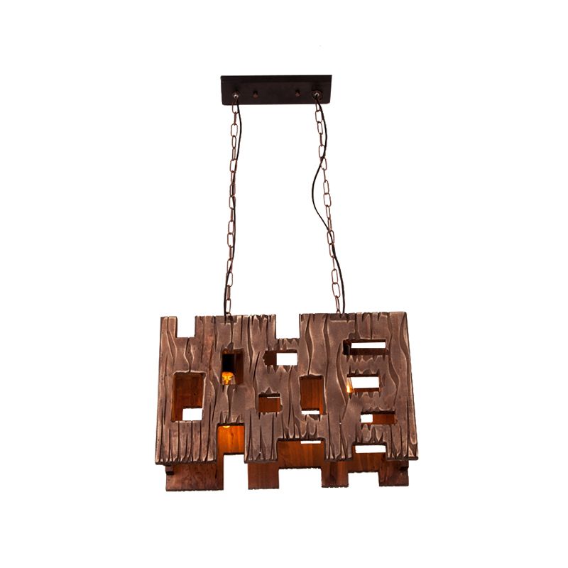 Rectangle Restaurant Island Chandelier Light Wood 2/3 Bulbs Countryside Pendant Lamp with Hollow Out Design in Brown