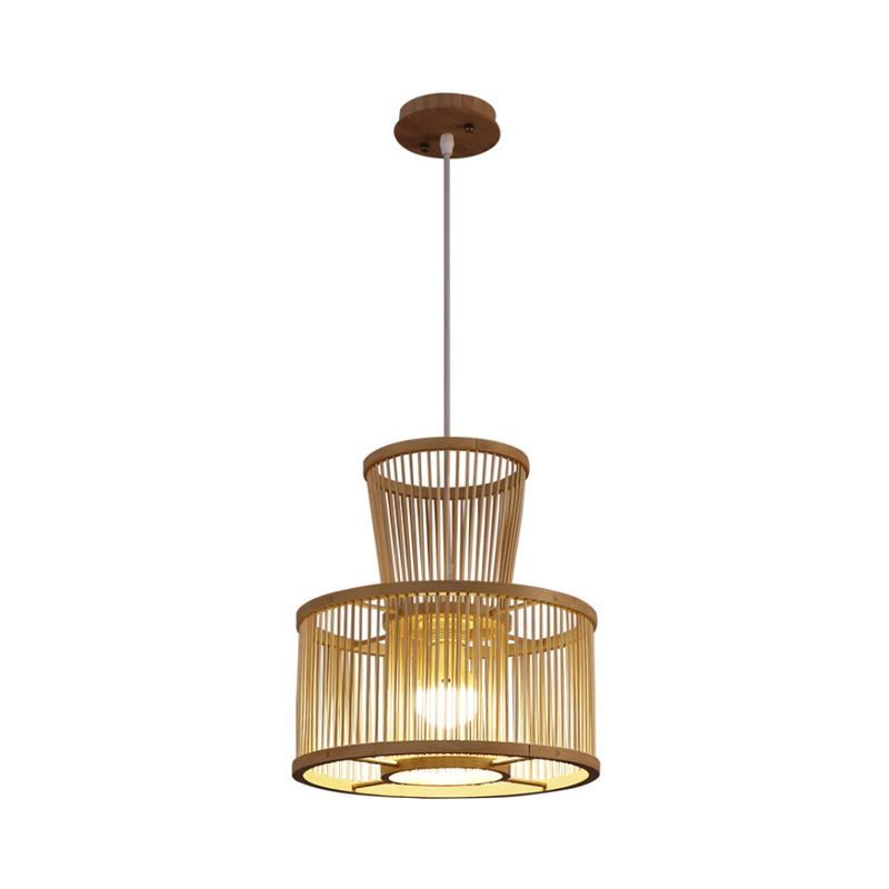 2-Tier Drum Hanging Light Countryside Bamboo 1 Light Beige Pendant Ceiling Light for Bedroom
