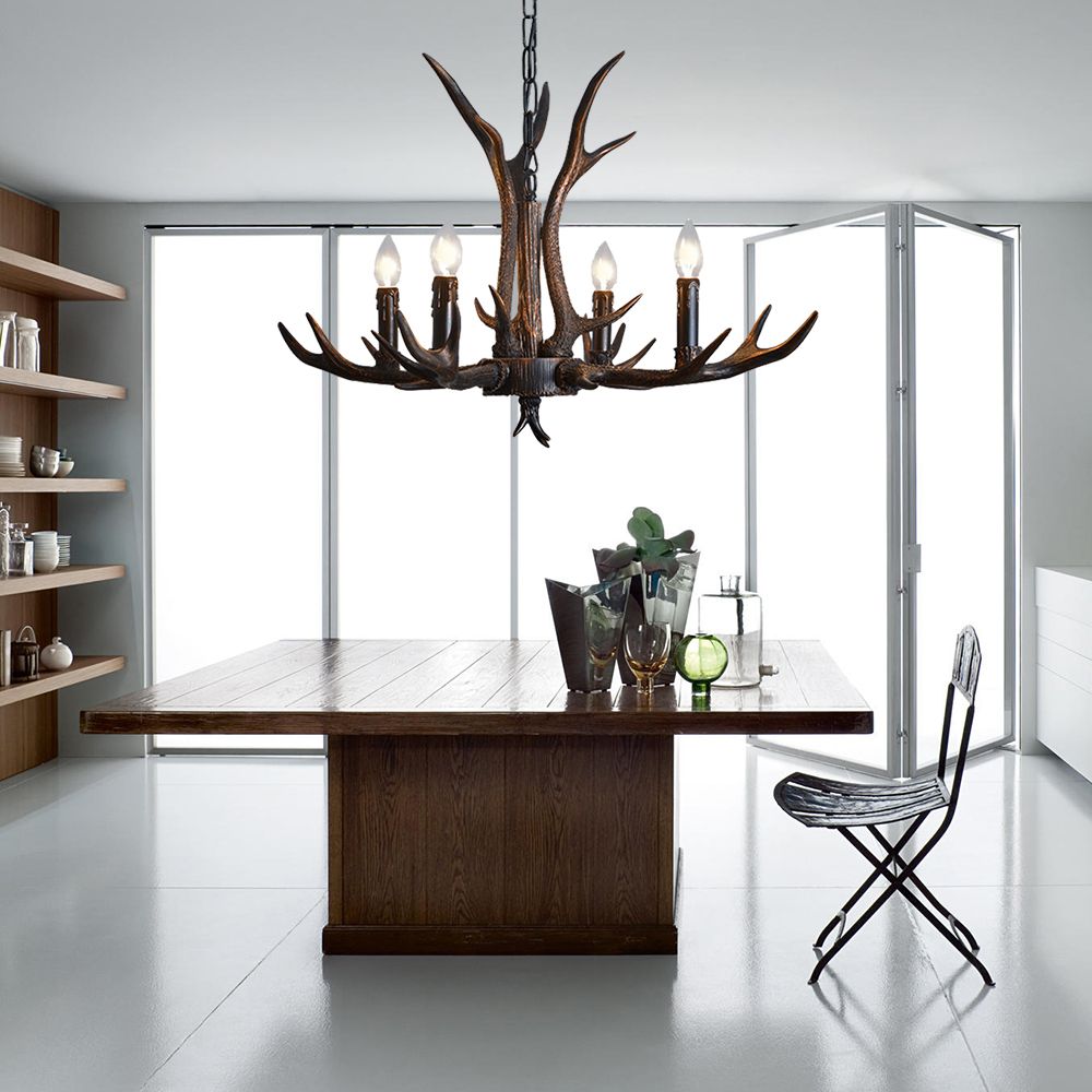 Candelabra Dining Room Hanging Lamp Traditional Resin 4/6/8 Bulbs Black Chandelier Pendant Light with Deer Antler