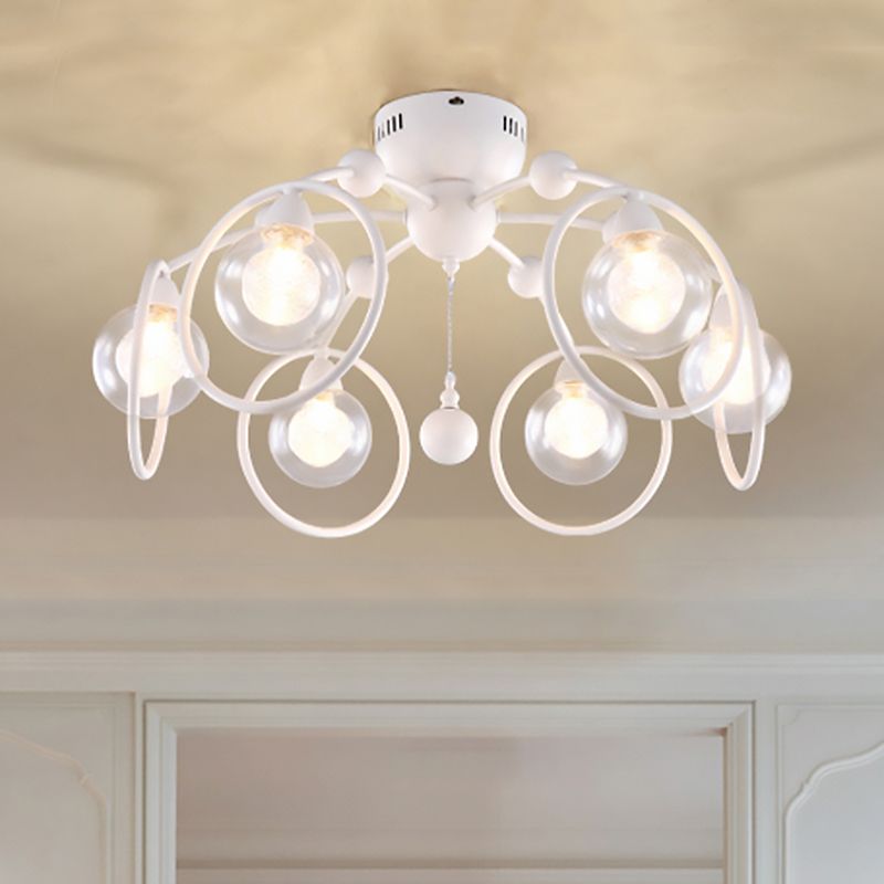 Éclairage de montage semi-luxueux avec une nuance de verre globe 6 lumières modernes plafonnier blanc luminaire pour chambre à coucher