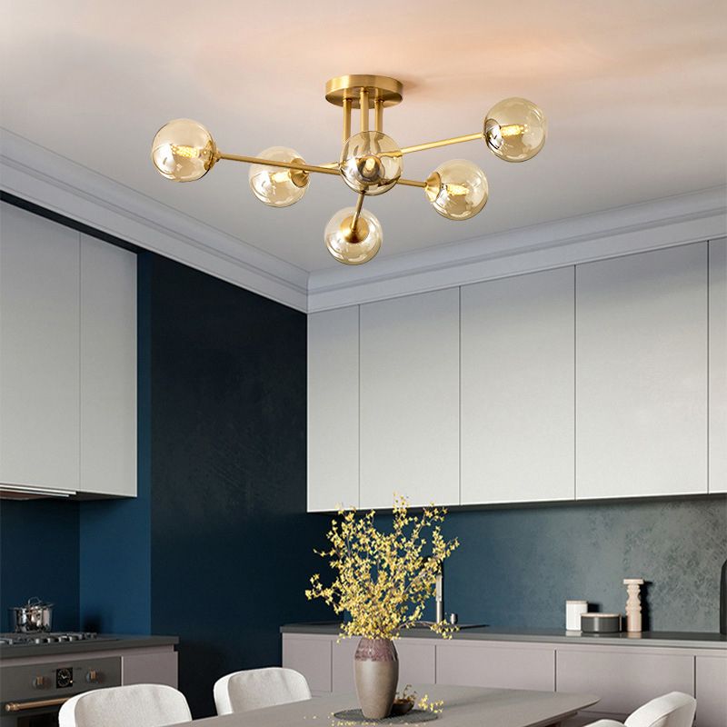 Modern Style Sputnik Shape Flush Mount Metal Ceiling Light in Gold for Living Room