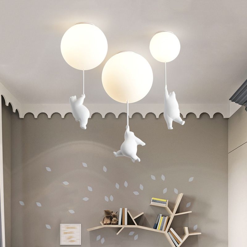 White Globe Ceiling Light in Kids Style artistique Resin Bear Flush Mount with Glass Shade