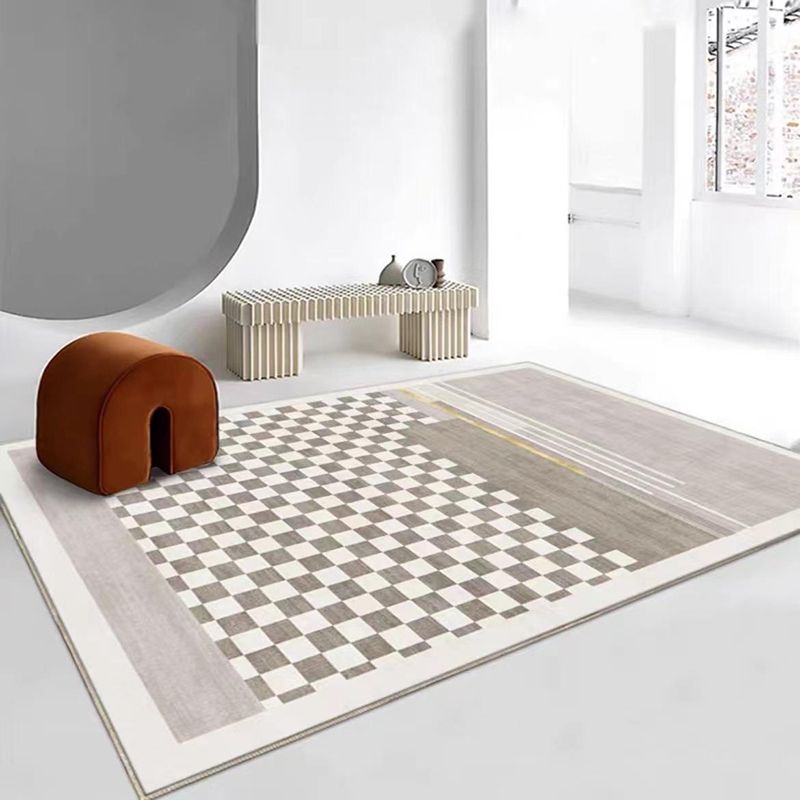 Light Brown Grid Rug Polyester Modern Rug Washable Rug for Living Room