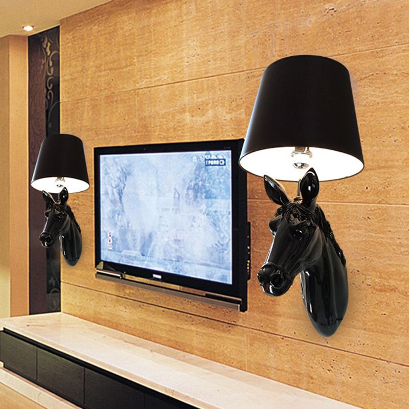 Resin Horse Head Wall Lighting Countryside 1 Head Passage Sconce Light with Conical Lampshade in Black/White