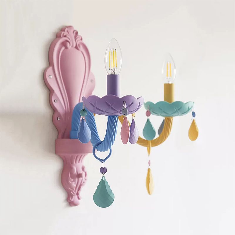 Glass Candle Sconce Light Child Bedroom 2 Lights Kids LED Wall Light with Crystal Deco