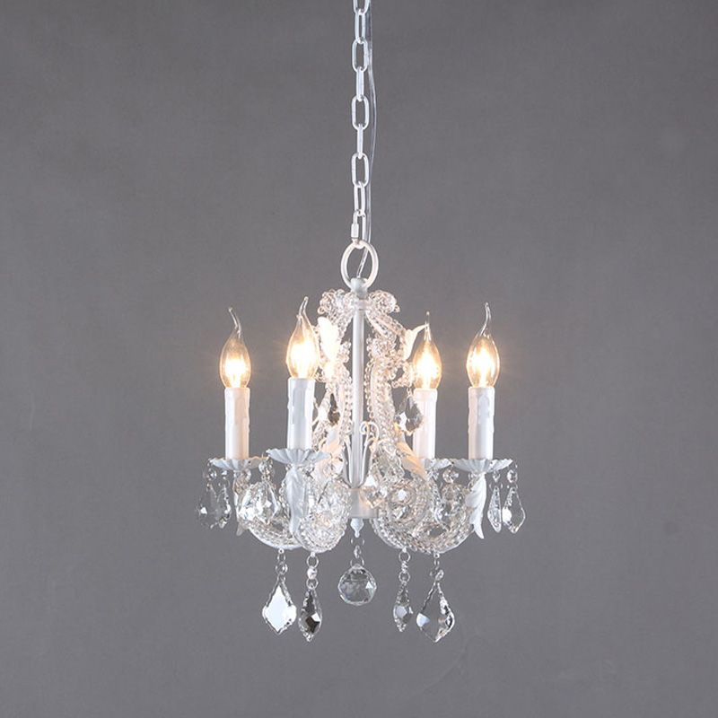Crystal Coated Candlestick Chandelier Rustic 4-Head Restaurant Pendant Ceiling Light in White