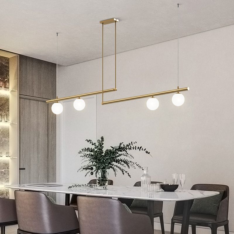 Gold Finish Linear Hanging Light Simplicity Metal Island Light with Ball White Glass Shade