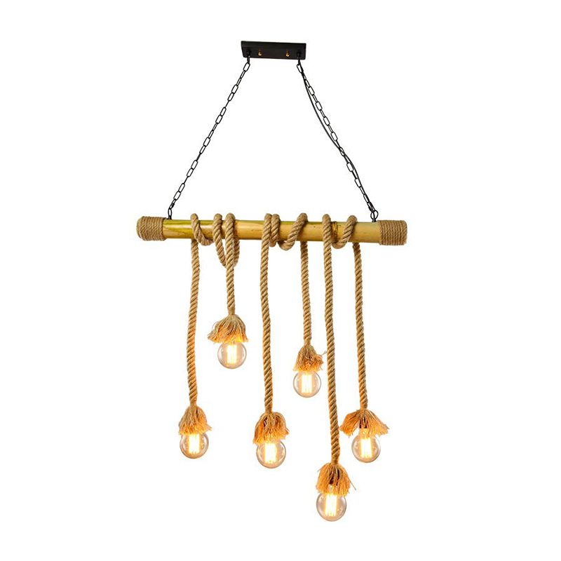 Bare Bulb Design Bamboo Hanging Lamp Rustic 3/6-Head Dining Room Island Light with Rope Cord in Brown