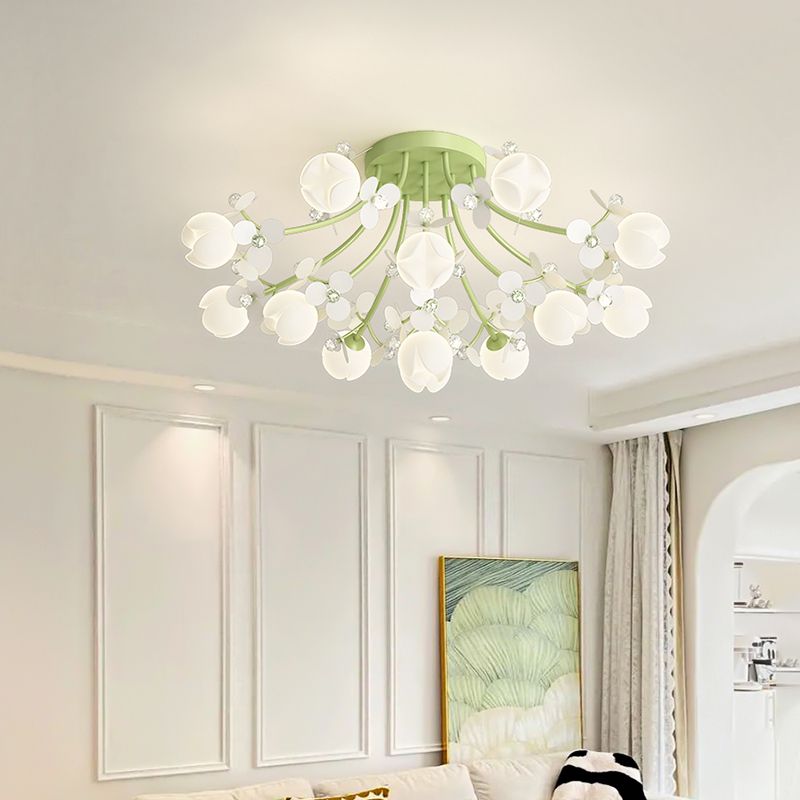 Modern Crystal Flush Mount Flower Shape Ceiling Light with Plastic Shade for Living Room