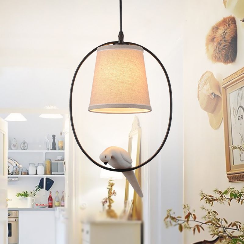 Flared Fabric Pendant Ceiling Light Rustic White Pendant Light Fixture with Bird Decor