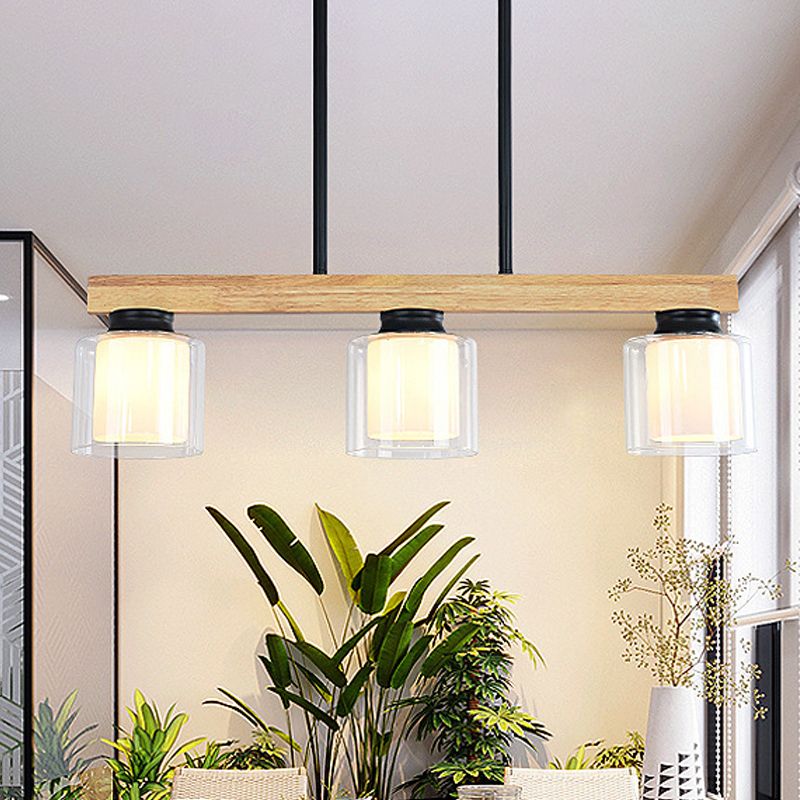 Double Glass Cylinder Shade Island Lighting Restaurant 3/4-Head Nordic Wooden Linear Pendant in White