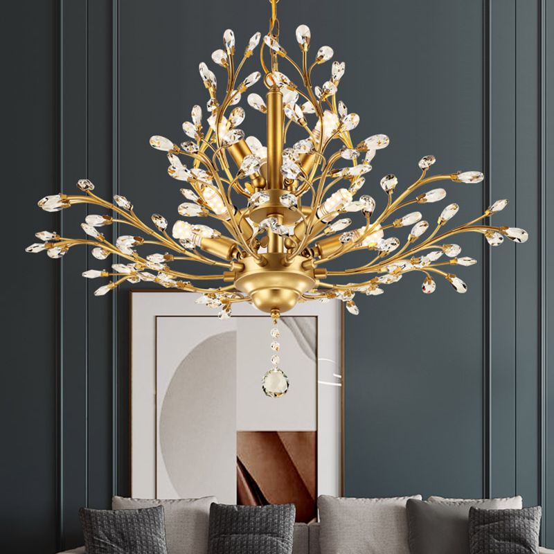 Country Style Foliage Chandelier Metal Suspension Light with Crystal Decor in Gold