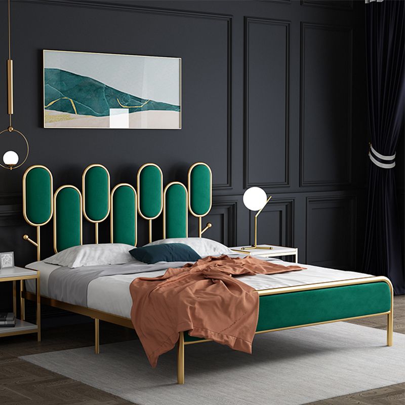 Upholstered Standard Bed Iron Bed Frame with Headboard and Metal Legs