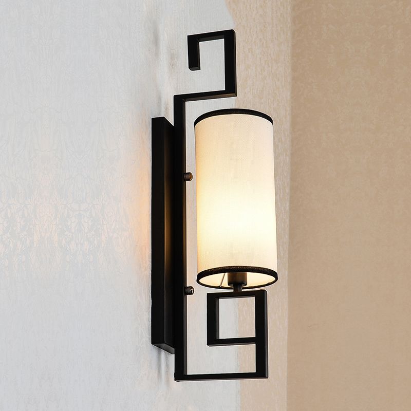 1 Light Sconce Light Fixture Classic Cylinder Metal Wall Mount Lighting in Black/Gold with Fabric Shade