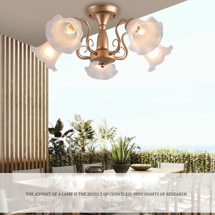 Country Style Floral Semi Flush Mount Frosted White Glass Ceiling Lamp for Dining Room