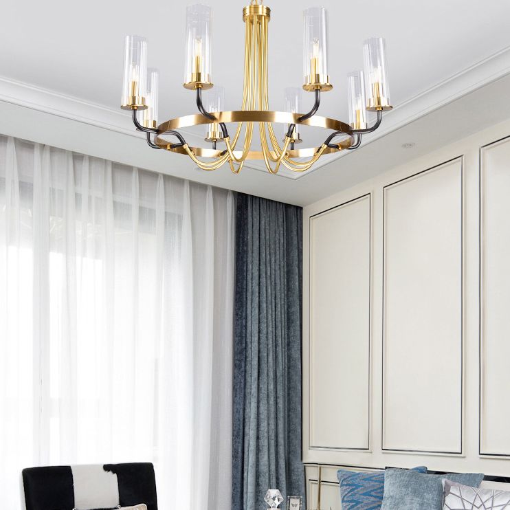 Post-Modern Metal Hanging Chandelier Light Cylinder Clear Glass Shade Ceiling Chandelier in Gold for Living Room