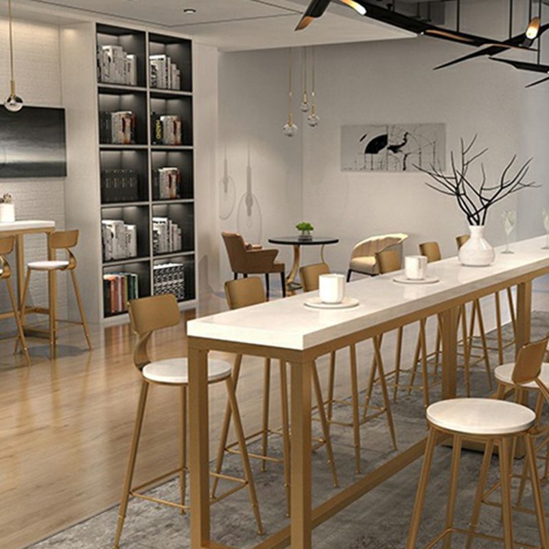Gold and Metal Base Table White Rectangle Solid Wood Bar Table