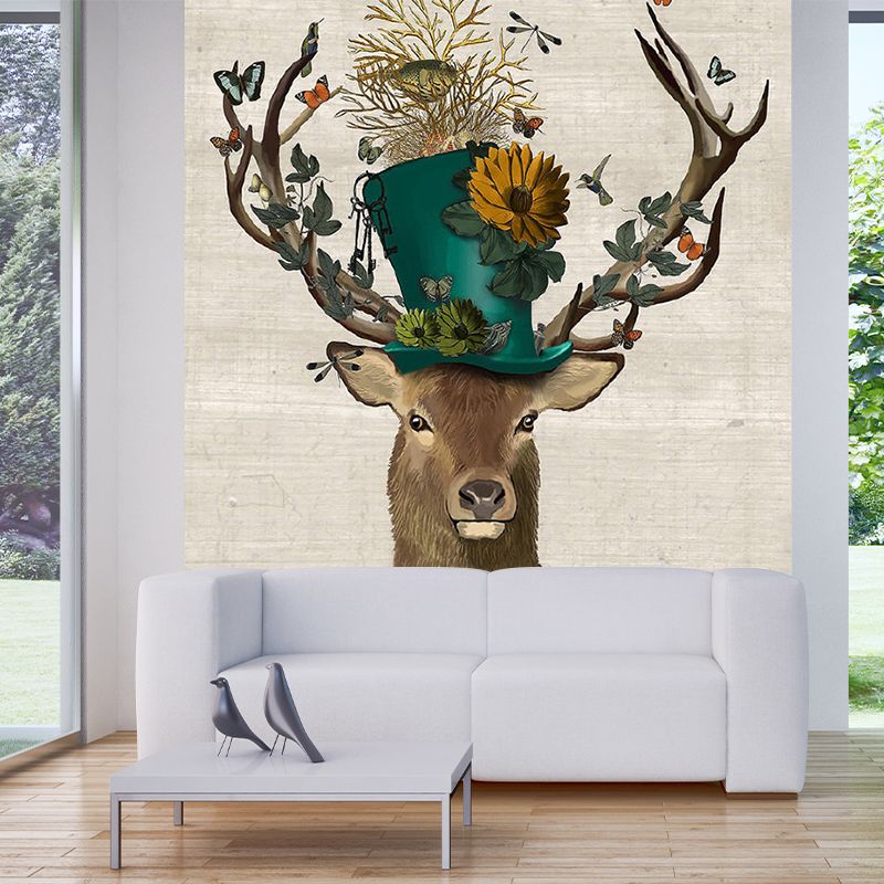 Illustration Deer Gentleman Murals Large Wall Covering for Living Room, Made to Measure