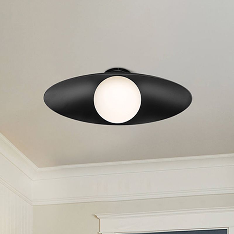 Plafonnier de couloir à 1 lumière en verre dépoli à montage encastré Orb simple en noir/blanc avec abat-jour ovale en métal