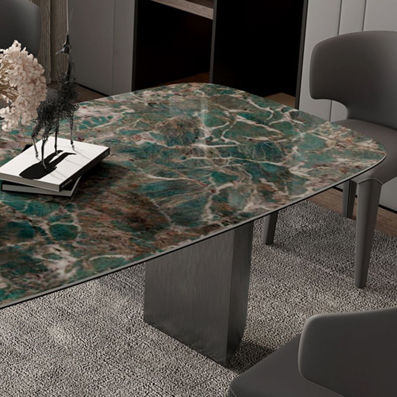 Sintered Stone Modern Rectangle Dining Table Green Stone Top Table with Metal Double Pedestal