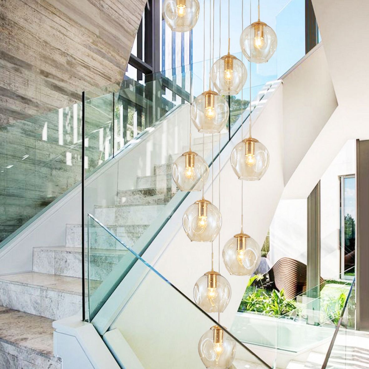 Dimpled Cup Shaped Cluster Pendant Minimalist Cognac Glass 10-Head Stairs Ceiling Light in Brass