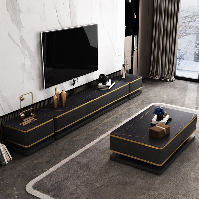 Rectangle Cocktail Table with 4 Solid Wood Drawers and Stone Top