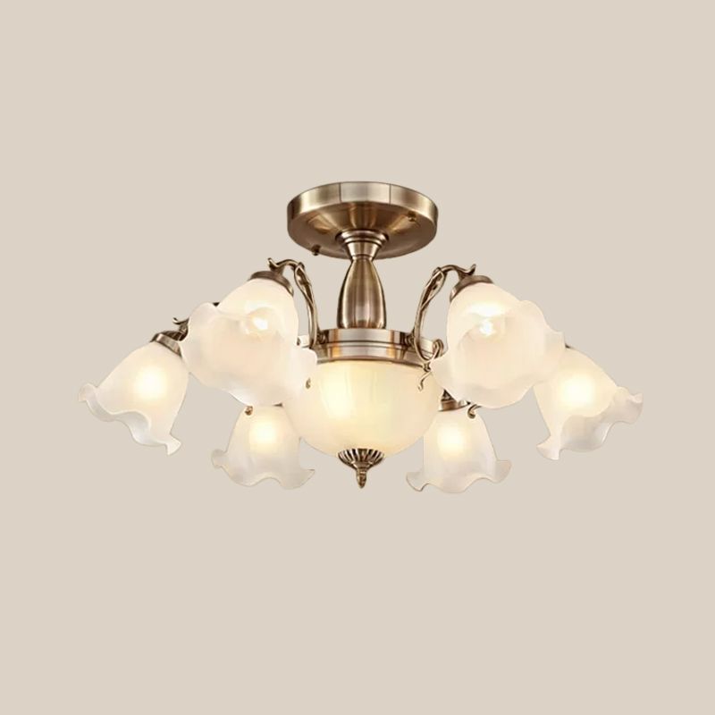 Bronze/Copper 8 Bulbs Semi Flush Light Rustic Opal Frosted Glass Ruffled Ceiling Mount Chandelier