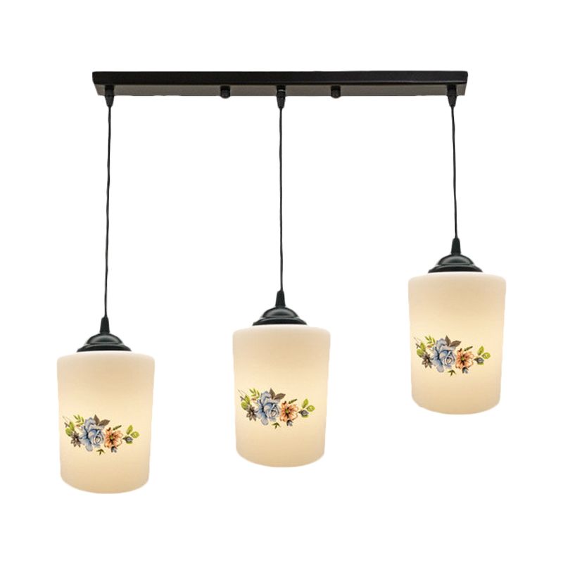 Cylinder Dining Room Multi Ceiling Light Modern White Printed Glass 3-Head Black Hanging Pendant with Linear/Round Canopy