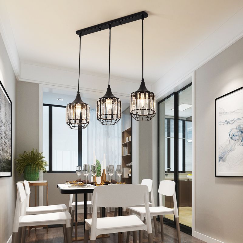 3 Light Dining Room Cluster Pendant Nordic Black Hanging Ceiling Light with Bottle/Cylinder/Urn Metal and Crystal Shade