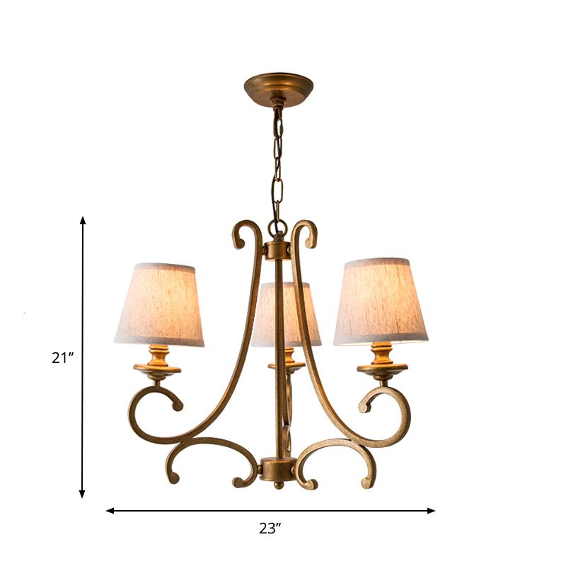 Fabric Brass Chandelier Pendant Light Conic 3/6-Light Country Ceiling Suspension Lamp with Swooping Arm