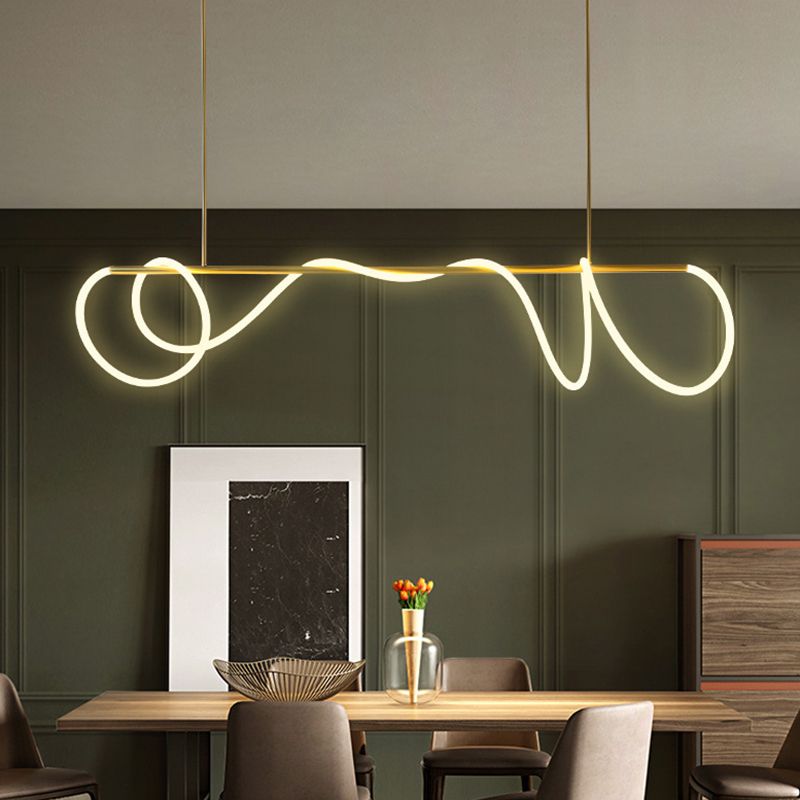 Acrylic Flexible Tube Suspension Light Minimalist LED Island Lamp with Linear Arm in Gold, Warm/White/Natural Light