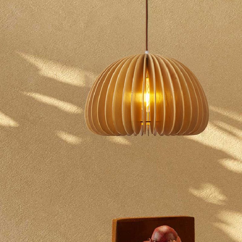 1 Light Pumpkin Shape Wooden Pendant Light Modern Style Living Room Hanging Lamp Fixture