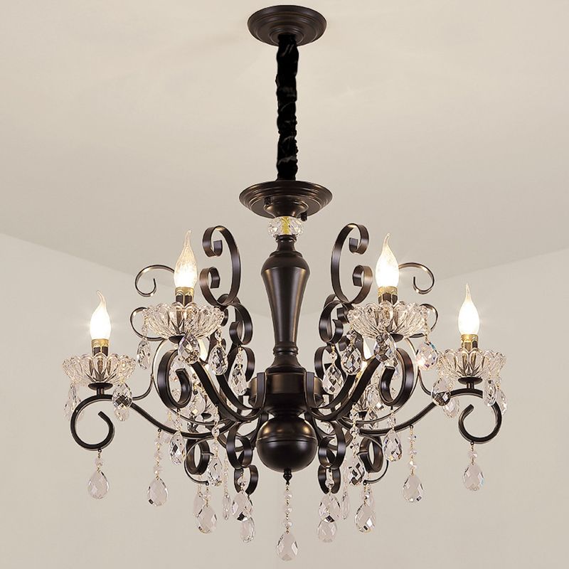 LAMPE DE CHANDELAGE noire Vintage Metal Candle d'éclairage de lustre avec une goutte de cristal