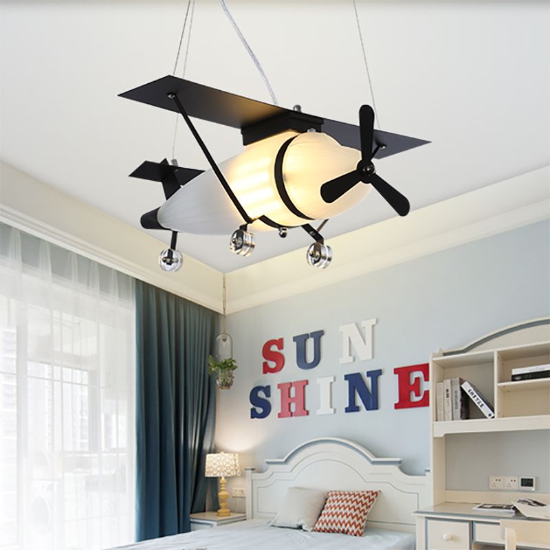 Kids Airplane Chandelier Metal and Glass Suspension Light in Black for Restaurant Bedroom