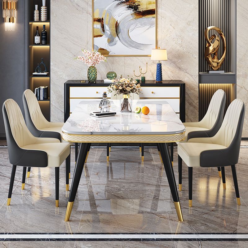 Modern Style Marble Table with White Table and 4 Black Legs Base for Home Use