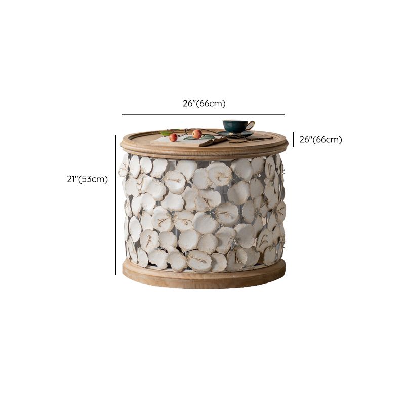 Rustic Solid Wood Round Top Distressed Drum End Table with Metal Base
