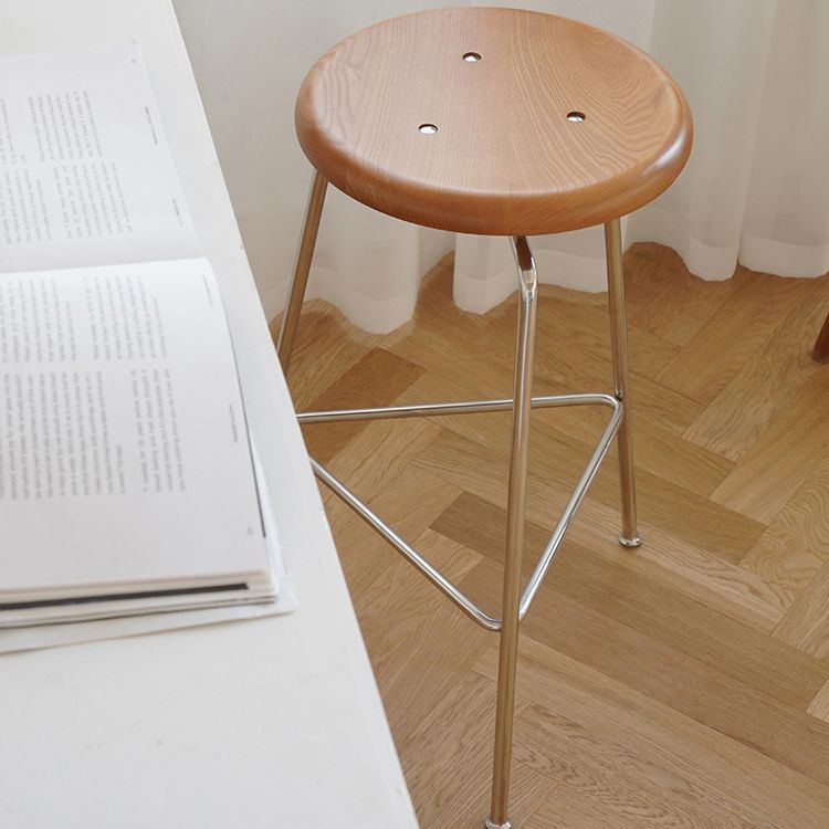 Contemporary Solid Wood Round Armless Bar Stool with Metal Base
