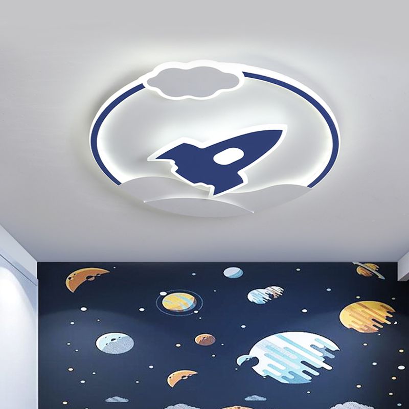 Lámpara empotrada delgada de cohete espacial azul, LED acrílico de dibujos animados cerca de la luz del techo para dormitorio de niños en luz blanca/cálida