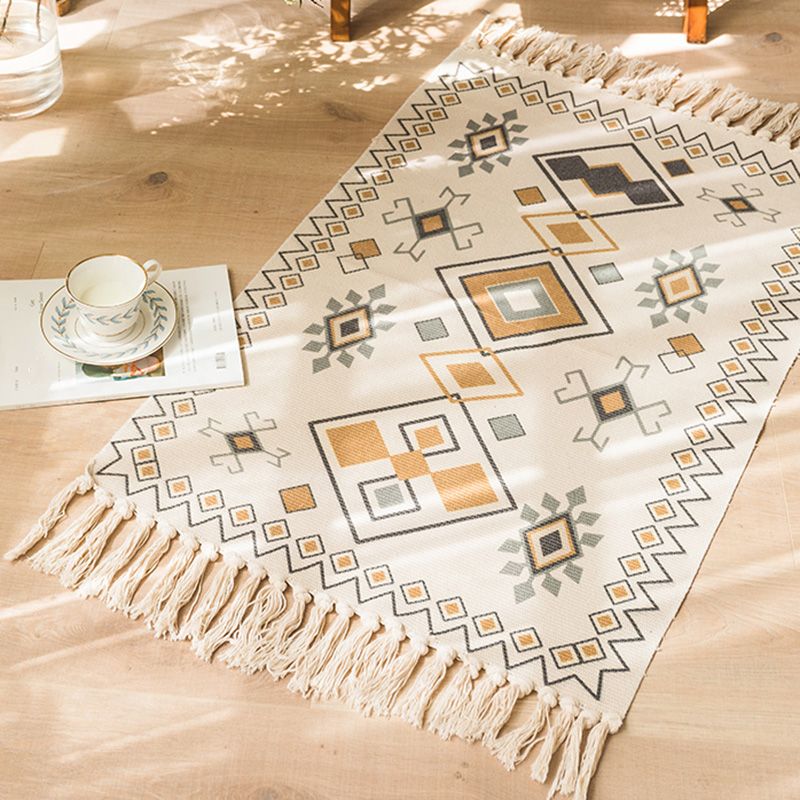 Moroccan Bedroom Rug Multi Colored Tribal Symbols Carpet Cotton Blend Pet Friendly Environmental Area Rug with Tassel