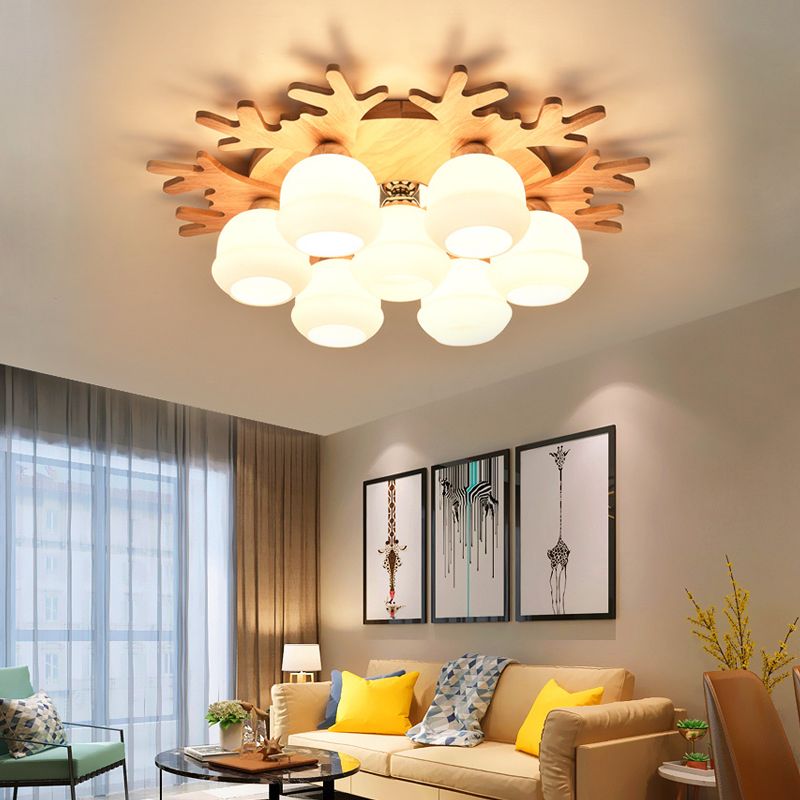White Bud Shade Ceiling Mount Light with Beige Antlers Lovely Wooden Ceiling Lamp for Kid Bedroom