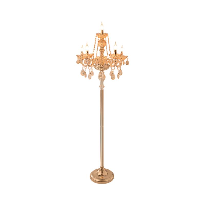 Lámpara de lectura de la sala de velas Cristal transparente tradicional 5/6 bulbos dorado luz de pie con sombra blanca