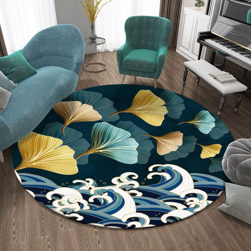Round Multicolor Modern Indoor Rug Polyester Plant Print Rug Non-Slip Backing Indoor Rug for Bedroom