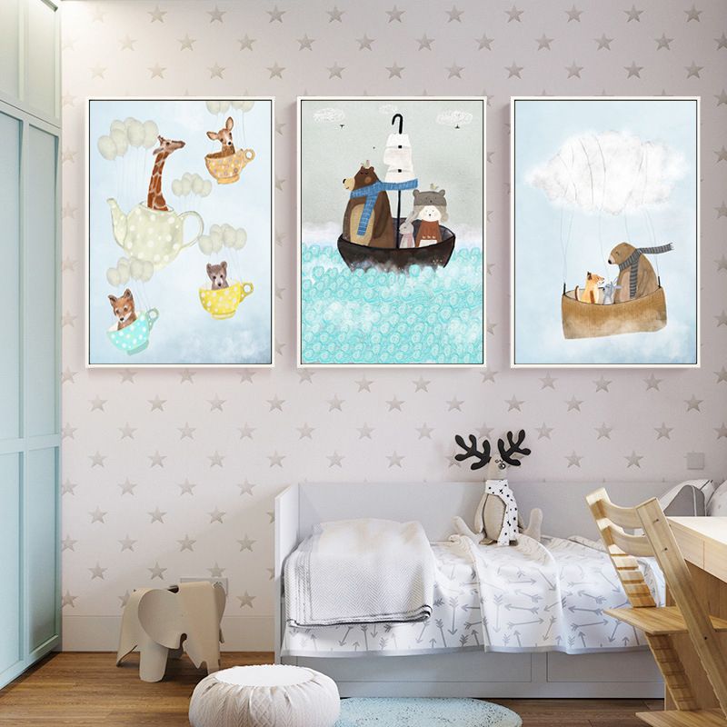 Pastel Cartoon Wall Art Animals in Their Sailing Boat Drawing Canvas Print for Kids Room