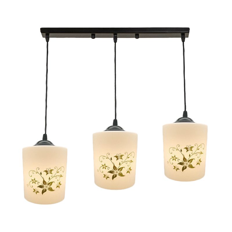 Cylinder Dining Room Multi Ceiling Light Modern White Printed Glass 3-Head Black Hanging Pendant with Linear/Round Canopy