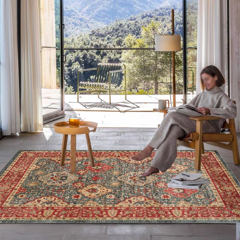 Red Tone Ethnic Print Rug Polyester Moroccan Carpet Non-Slip Backing Indoor Rug for Living Room