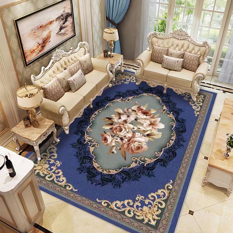 Traditional Flower Printed Carpet Polyester Area Rug Non-Slip Backing Indoor Carpet for Living Room