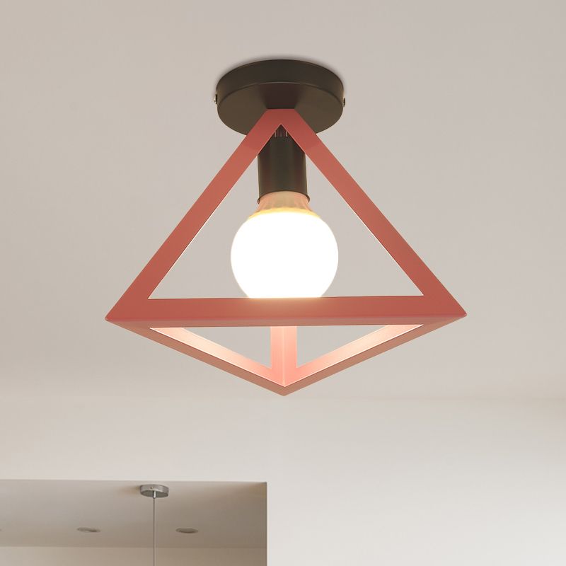 Loft Style Triangle Ceiling Fixture with Cage Shade 1 Bulb Metallic Semi Flush Mount Light in Black/Red